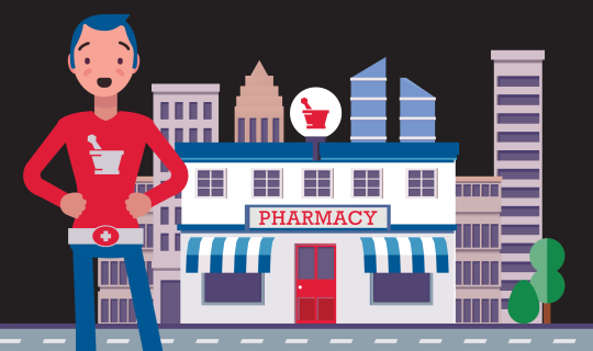 Pharmacist superhero standing in front of his independent pharmacy